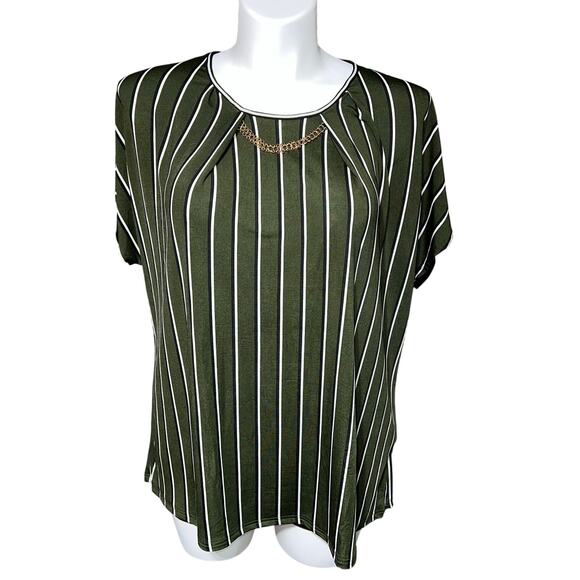Anna Morgan Womens Blouse Top Striped Short Sleeve Chain Accent Green White 3X - Picture 1 of 8